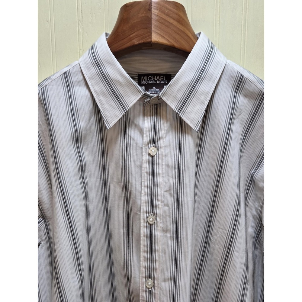 Michael‎ Michael Kors Dress Shirt Mens XL White Gray Striped Button Front Cotton